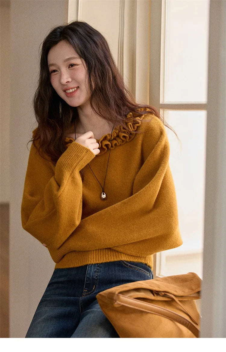 MISHOW Pullovers Women 2025 French Style Orange Lotus Edge Crew Neck Lantern Sleeves Top Slim Luxury Women's Sweaters MXE86Z2726