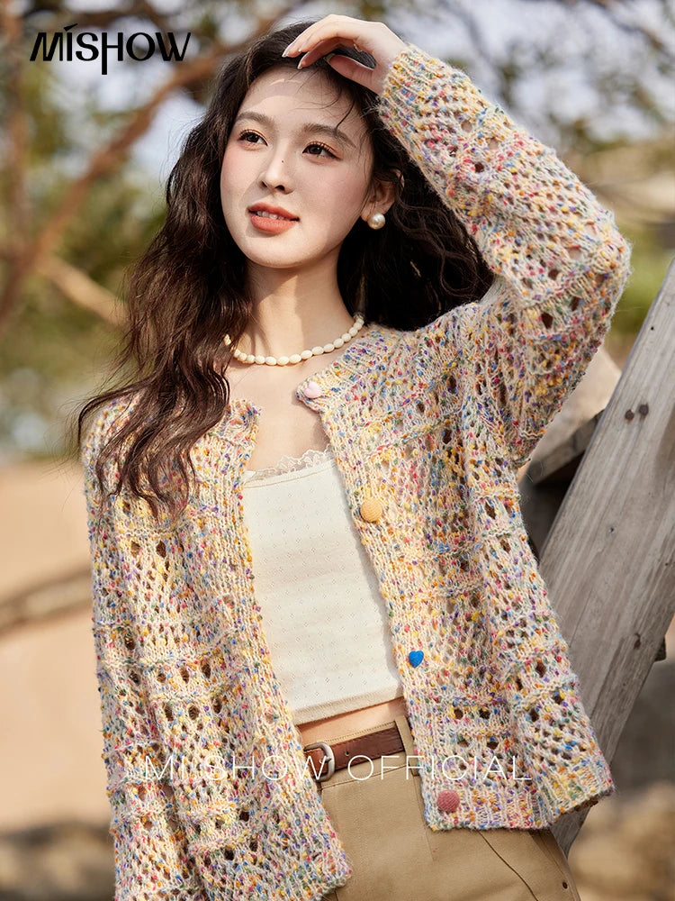 MISHOW Women's Sweet Woven Hollow Knitted Cardigan 2025 Spring Rainbow Button Single Breasted Top O-neck Cardigan MXE13Z1110