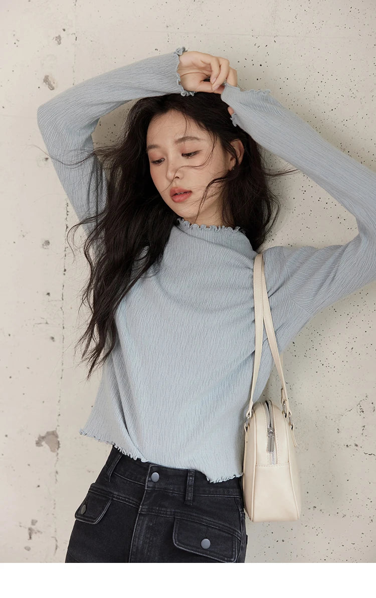 MISHOW Bottom Knitted Sweater Women Ruffled Edge High Collar Long Sleeve 2025 Winter Solid Slim Thin Internal Tops MXD48Z0850