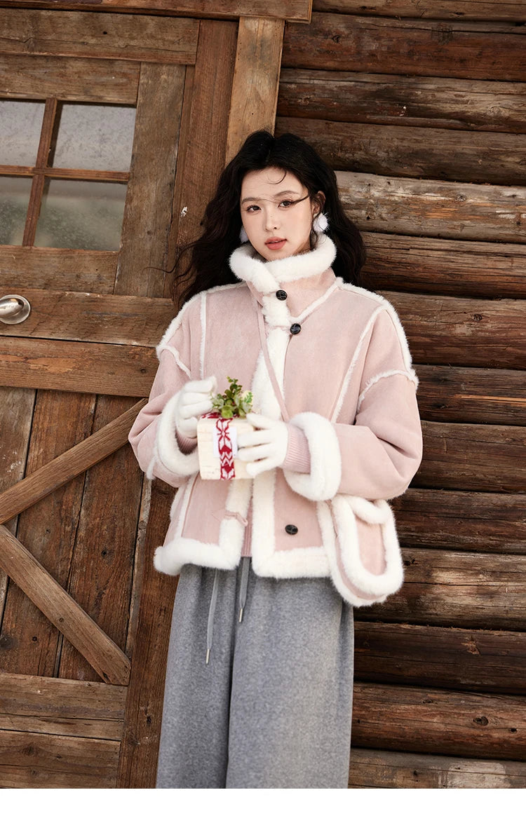 MISHOW Leather Fur Coat Fur Collar with Bag Women Winter Clothes Suede Plush Jacket Pocket Soft Thickened Warm Tops MXD57W0737