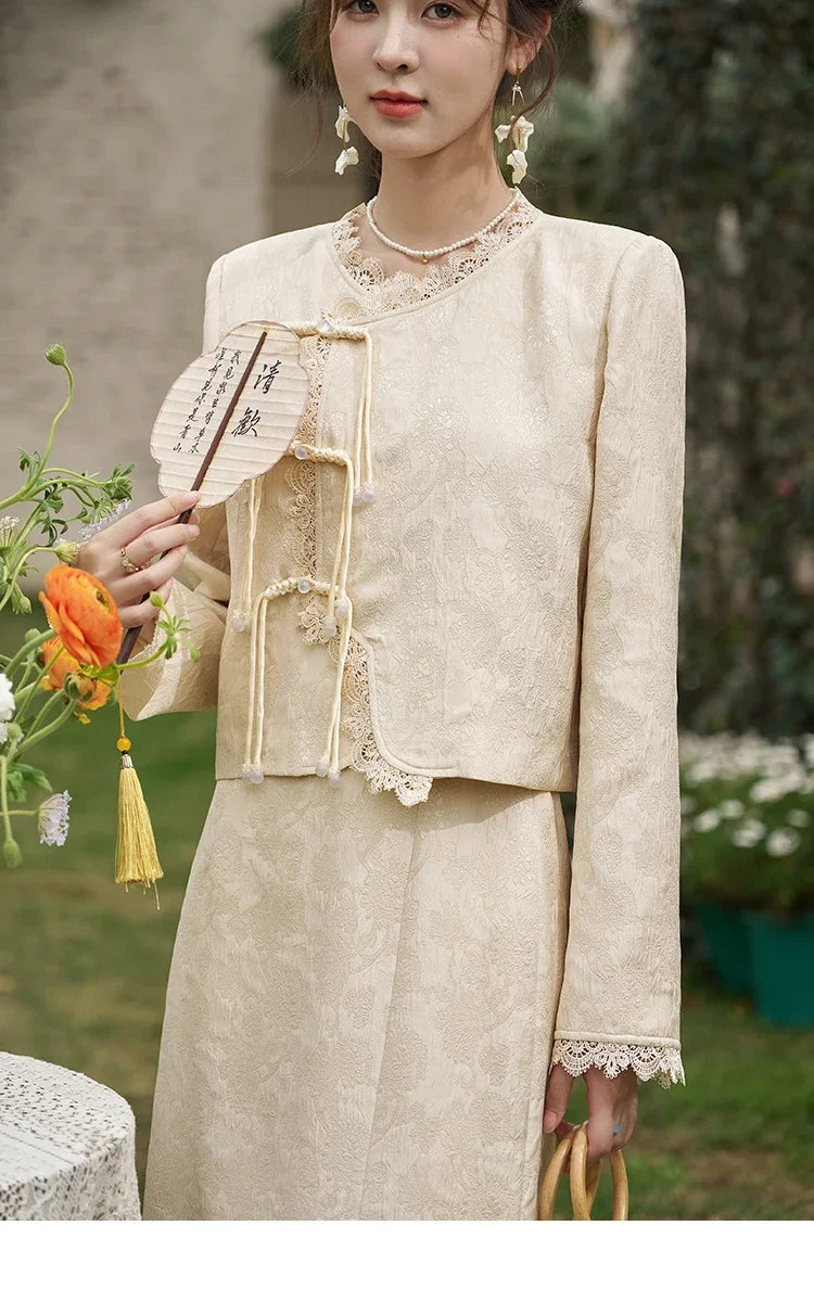 MISHOW Chinese Lace Edge Jacket Midi Skirts Separately Spring 2025 Elegant Top Irregular Jacquard Front Split Skirts MXD15W0370