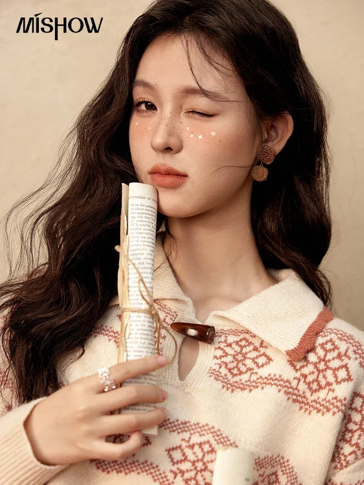 MISHOW Fair Isle Knitting Sweater Women Christmas Turn Down Collar Pullovers Versatile Soft Warm Office Lady Warm Top MXD59Z1042