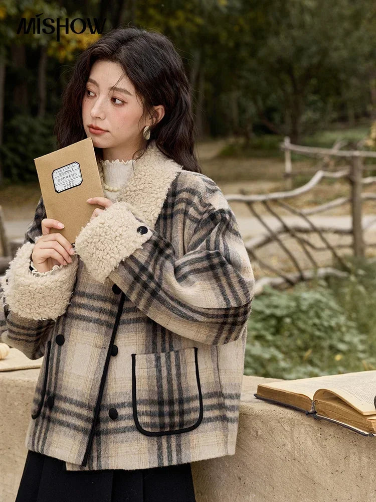 MISHOW Retro Plaid Tweed Jacket Women Double-breasted Long Sleeved 2024 Winter New Fashion Lamb Wool Lapel Loose Coat MXD56W0536