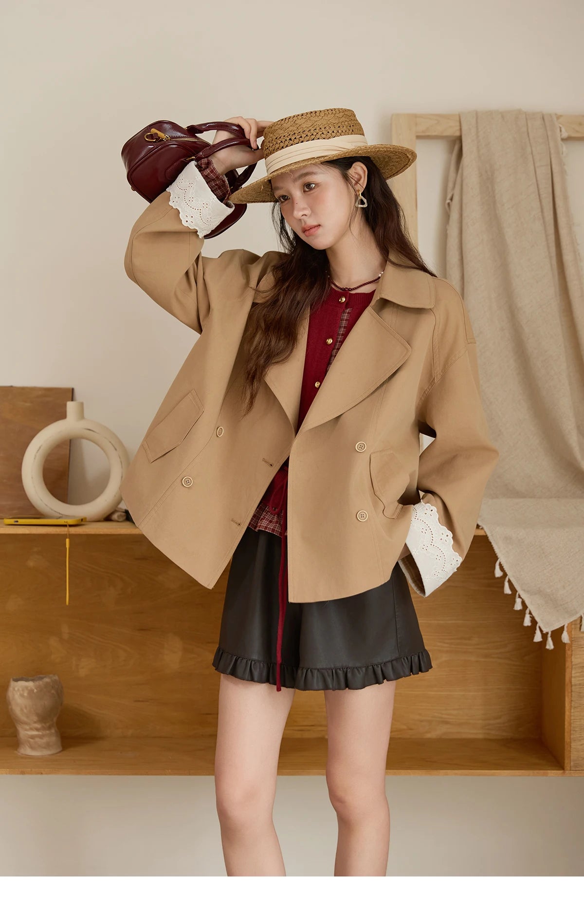 MISHOW Coats for Elegant Women Cotton 2025 Autumn Khaki Ruffled Cuff Splicing Lace Short Trench Coat Casual Jacket MXE45W0831