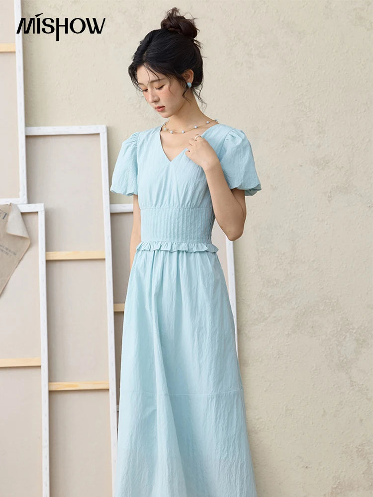 MISHOW French Summer Dresses Women 2025 New Short Puff Sleeve V-neck Solid Cotton Blended Dress Female Slimming MXE34L2288