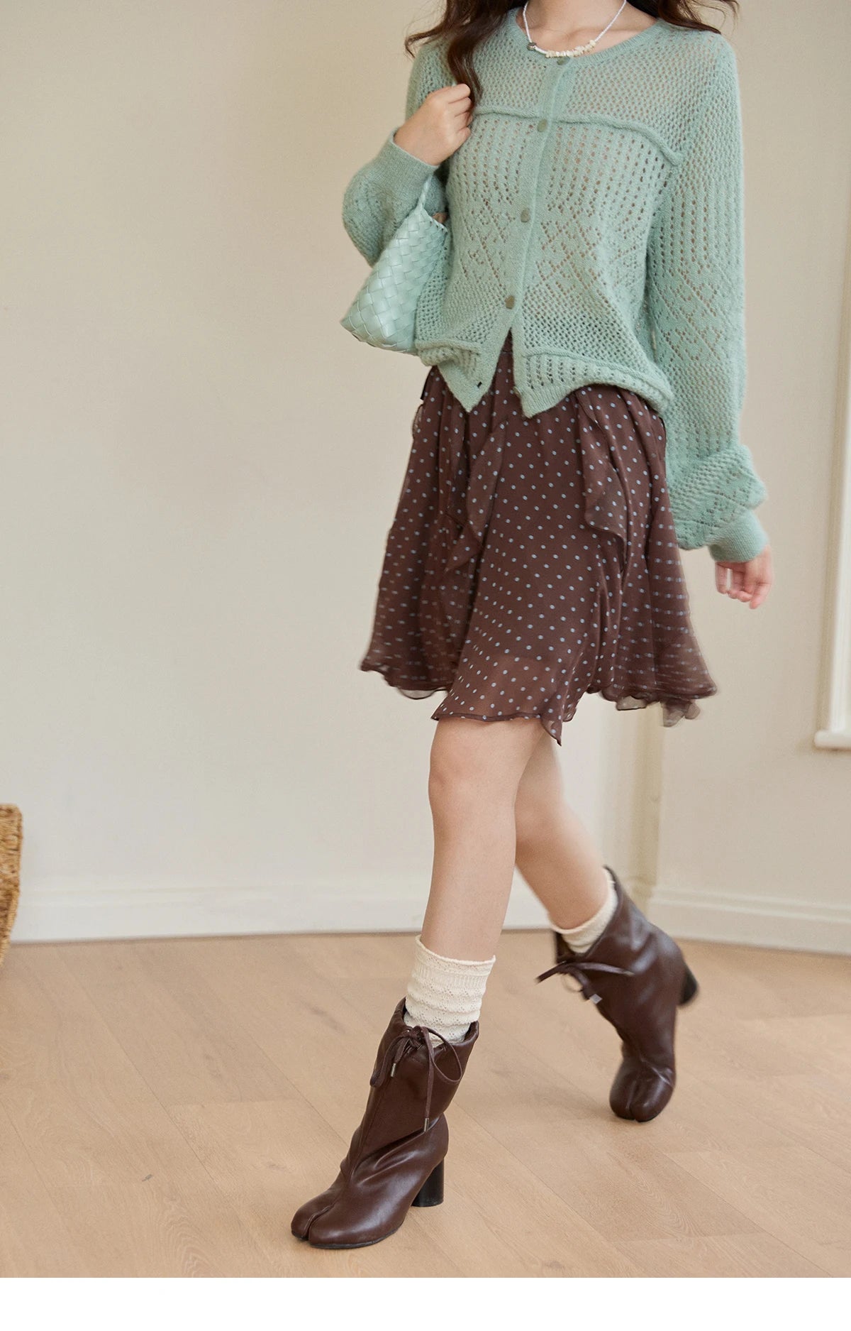 MISHOW Women's Brown Polka Dot Skirt Spring Irregular Ruffled Chiffon Elastic Waist Skirts Casual A-line Mini Skirt MXF13B2476