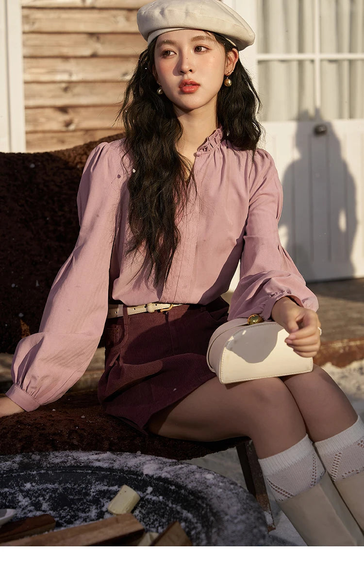 MISHOW French Autumn Winter Button Up Lantern Long Sleeve Shirts Women Ruffle Neck Thick Warm Blouse Flannel Shirt MXC56X1320