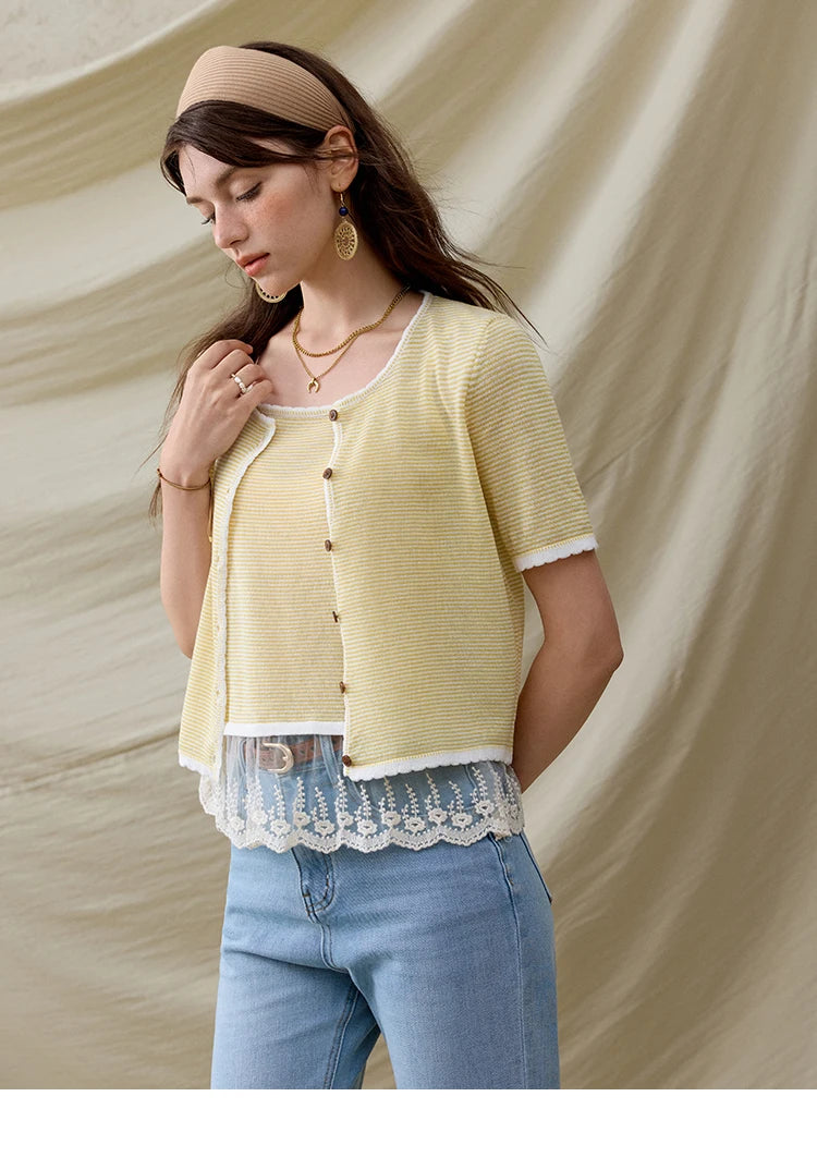 MISHOW Summer Camisole Cardigan Sets for Women 2025 Short Sleeve Round Neck Hem Lace Knitted Tops Female Fashion MXE33T0582