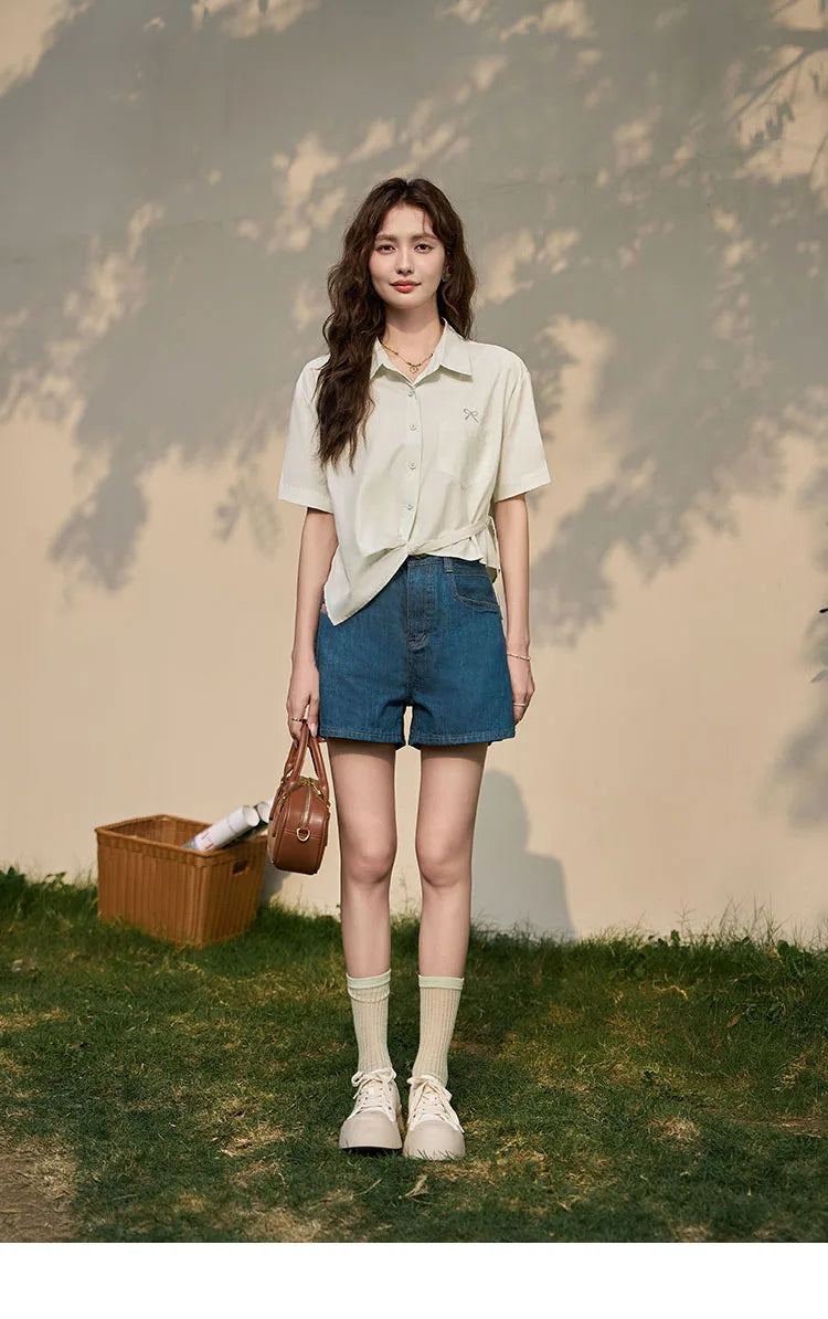 MISHOW Same Color Bow Embroidered Shirt Summer 2024 Lapel Collar Asymmetric Hem 100 Cotton Casual Short Sleeved Top MXD23C0257