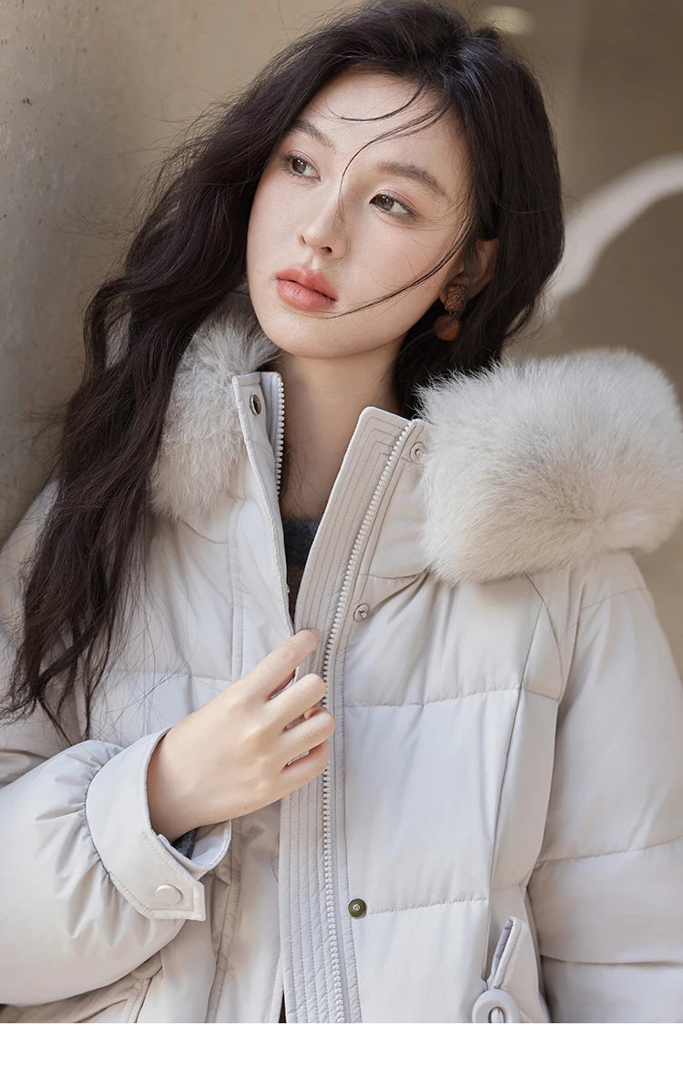 MISHOW Long Hooded Down Coats Fox Fur Collar Bread Jacket Duck Down Quilt Clothing 2024 Winter Women Thickened Coat MXD56Y0054