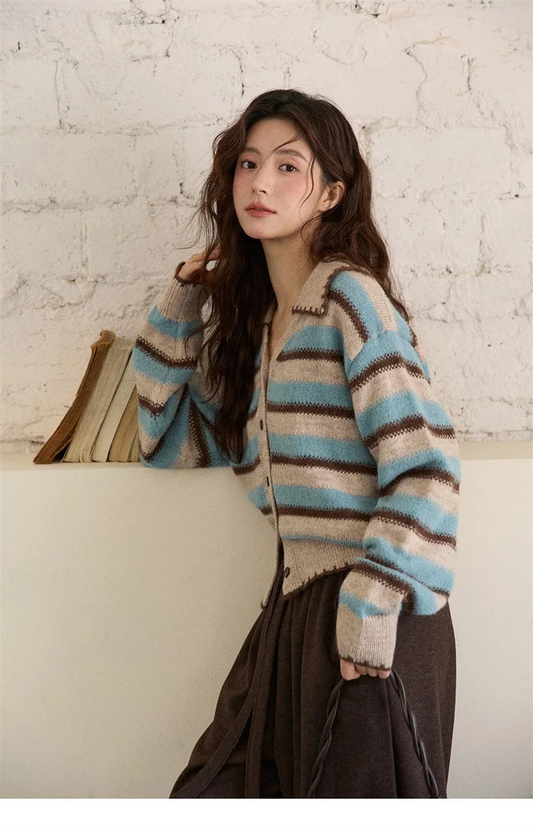 MISHOW Striped Cardigan for Women 2025 Winter Retro Unique Design V-neck Single-breasted Sweater Wool Long Sleeve Top MXE87Z2681