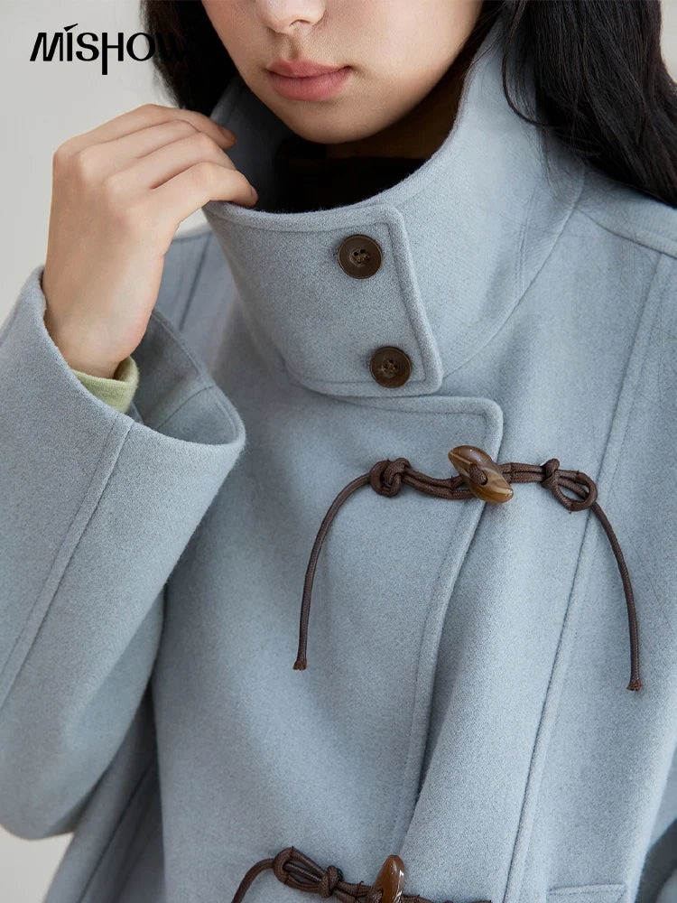MISHOW Blue Woolen Coat Women 2025 Winter New Double-breasted Lace Up Coat Mid-length Windbreaker Women's Clothing MXE51W0872