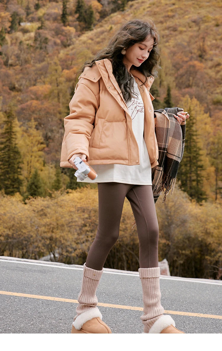 MISHOW Women's Winter Down Jacket 2023 Hooded Short White Duck Down Coats Imitation Protein Leather Puffer Jackets MXC52Y0008