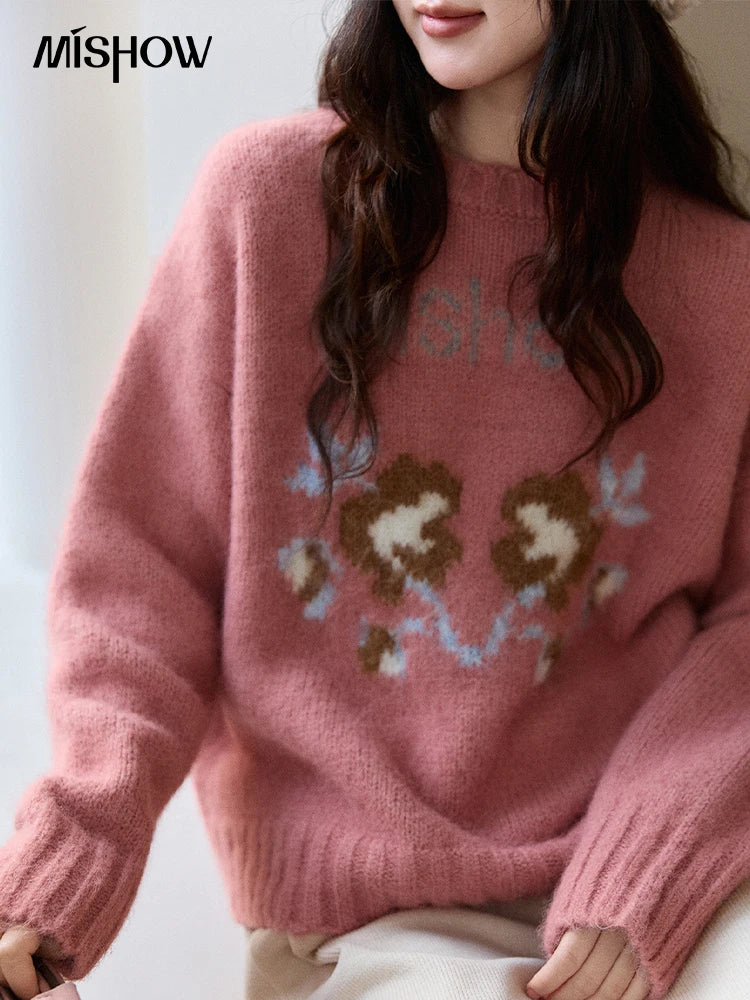 MISHOW Women's Jacquard Pink Sweater 2025 Autumn Winter Soft Loose Crew Neck Thick Knitwear Warm Casual Sweaters MXE91Z2831