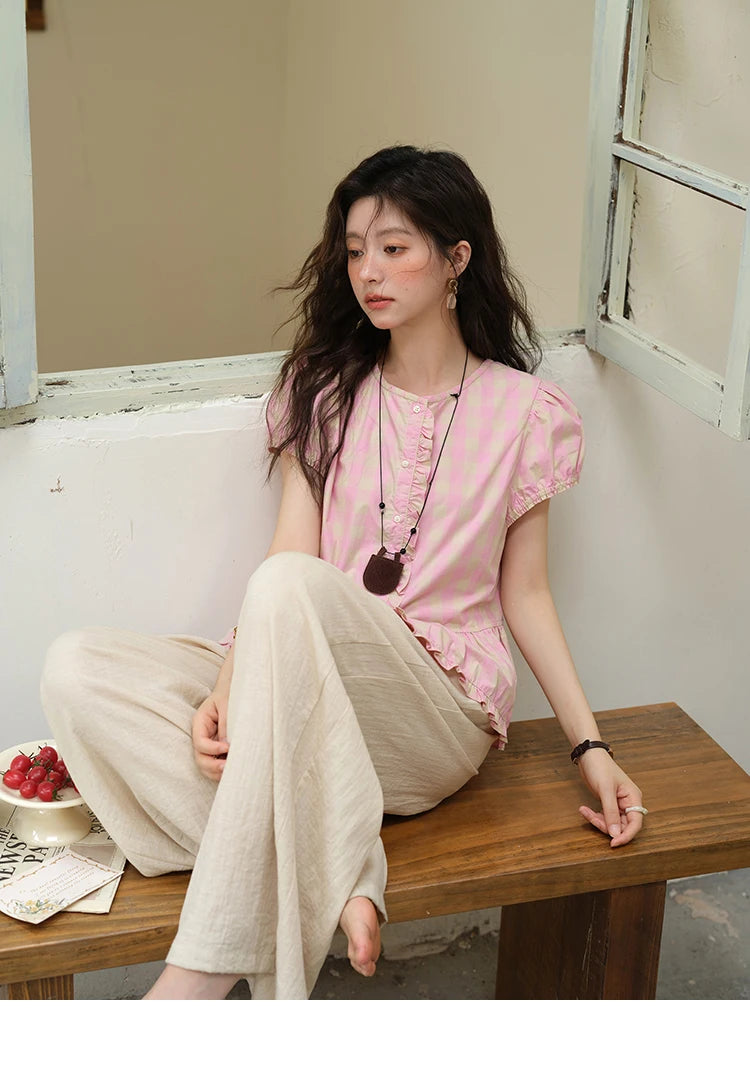 MISHOW Women's Puff Sleeve Plaid Button Shirt 2025 Summer New Fashion O-Neck Wood Ear Casual Shirt Cotton Pink Top MXE39X1932