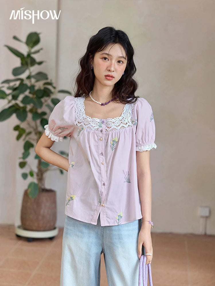 MISHOW Women's Lace Patchwork Embroidered Blouses 2025 Summer Korean Elegant Square Collar Blouse Short Sleeved Tops MXE36X1830