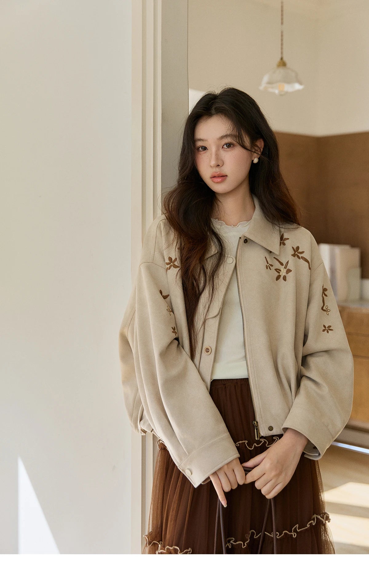 MISHOW Women's Imitation Suede Jacket2026 Spring Floral Embroidery Lapel Zipper Coats Long Sleeve Casual Outerwear MXF11W1027