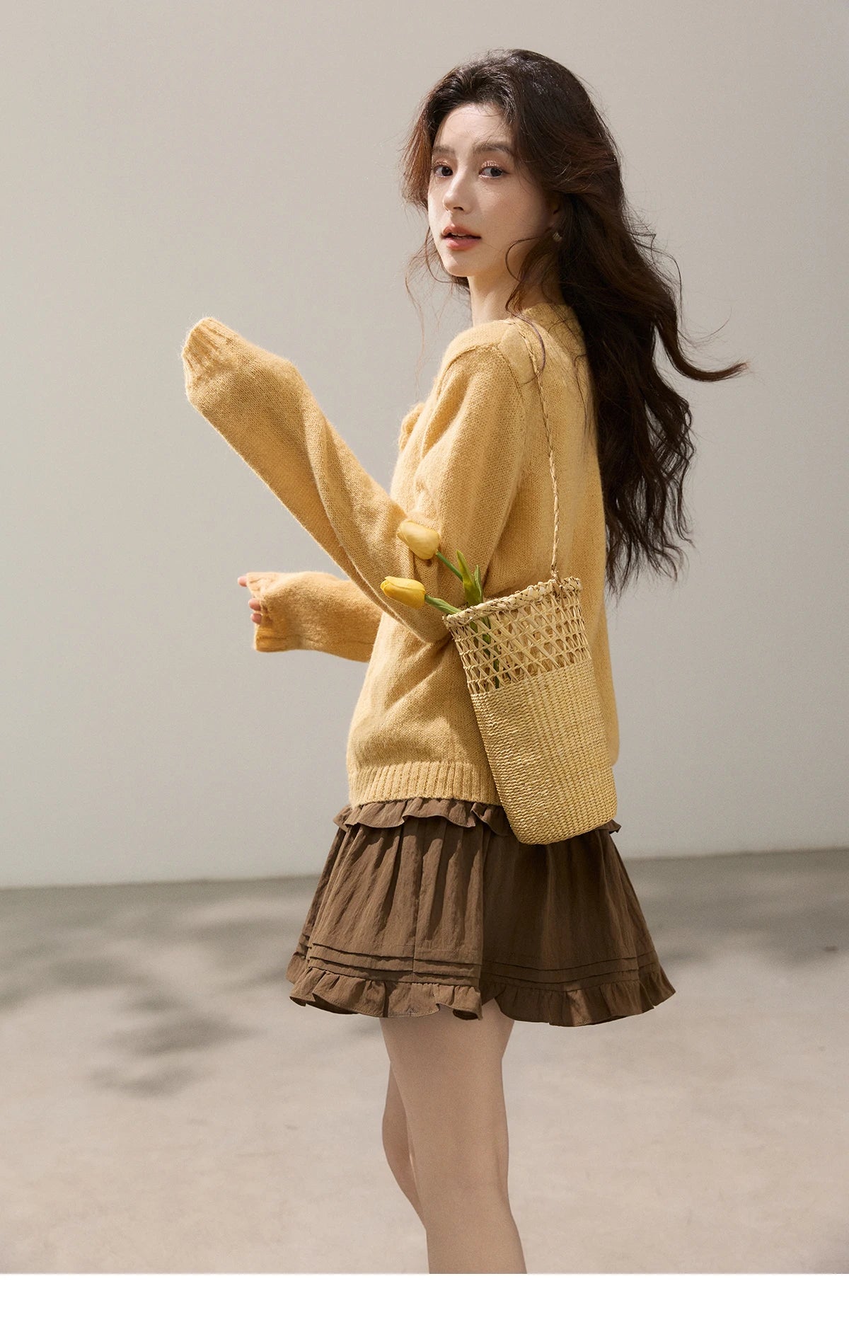 MISHOW Women's Flower Decor Mohair Fork Knit Cardigan 2026 Spring Crew Neck Long Sleeve Tops Casual Solid Sweater MXF15Z3051