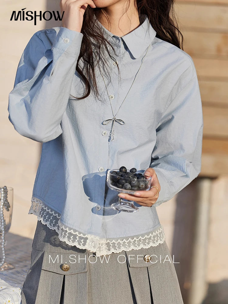 MISHOW Women's 100 Cotton Blue Shirt Spring 2025 Hem Lace Shirt Lapel Collar Commute Top Casual Solid Loose Shirts MXE12C0410