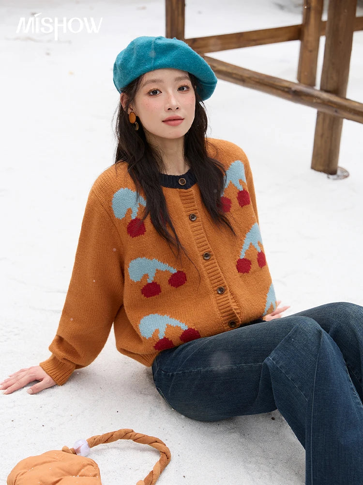 MISHOW Cherry Jacquard Knitted Cardigan for Women 2025 Winter Retro Sweet Round Neck Long Sleeves Sweater Commute Top MXE88Z2689