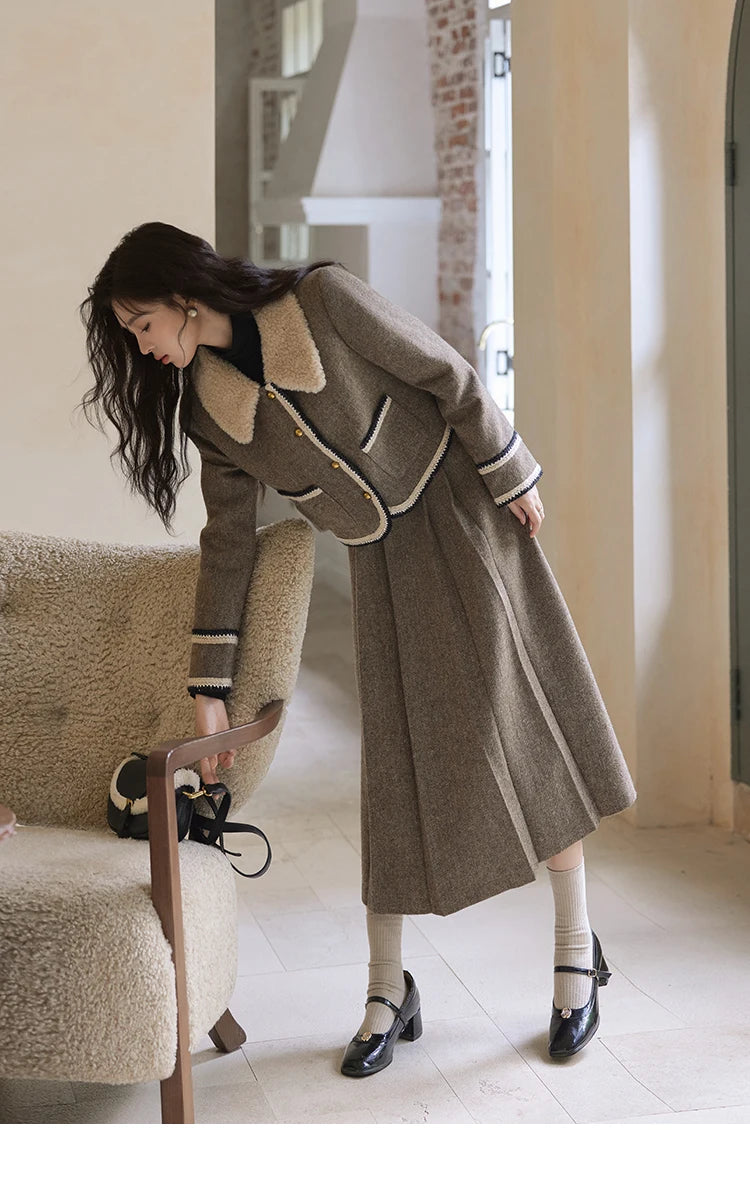 MISHOW Vintage Midi Skirts Coat Seprately Women 2024 Winter Turn Down Collar Plaid Tweed Jacket A-Line Pleated Skirt MXD56W0569