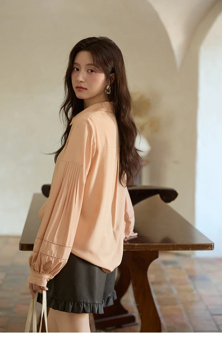 MISHOW Women's Shirt Lantern Sleeve Hollow Out Tops 2025 Autumn Single Breasted Solid Shirts Lapel Shirt Office Lady MXE41C2359