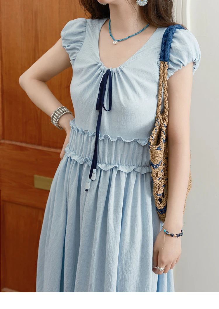 MISHOW Women's Bohemian Embroidery Dress 2025 Summer Ladies Fashion V-neck Lace Up Flower Bud Sleeve Blue Long Dress MXE36L2244