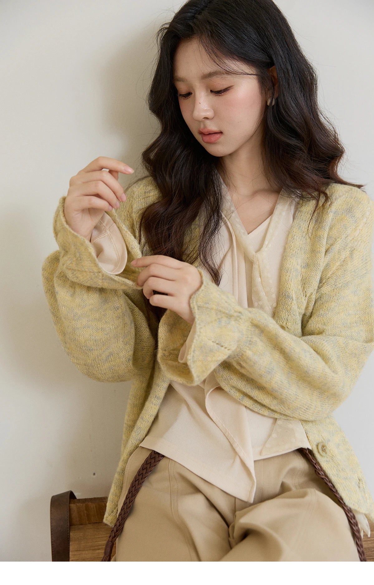 MISHOW Women's Marled Yellow Mohair Knit Cardigan 2026 Spring V-Neck Flare Sleeve Cardigans Casual Loose Sweater MXF108Z1021