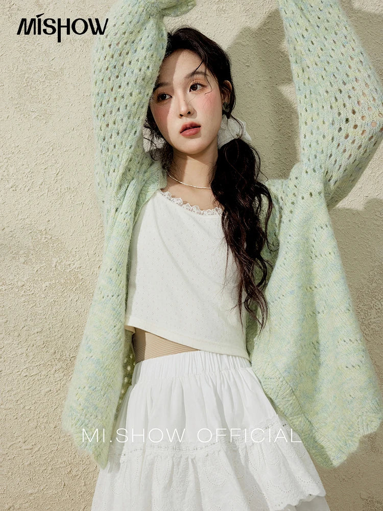 MISHOW Green Knitted Cardigan for Women Spring 2025 Loose Hollow Out Wave Neck Commuting Slim Open Stitch Cardigan MXE12Z1212