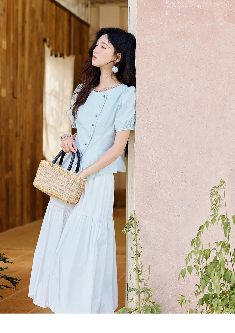 MISHOW Sea Salt White Double Layered Waist Skirt 2025 Summer Flower Bud Skirt Shell Button Versatile A-line Skirts MXE32B0715