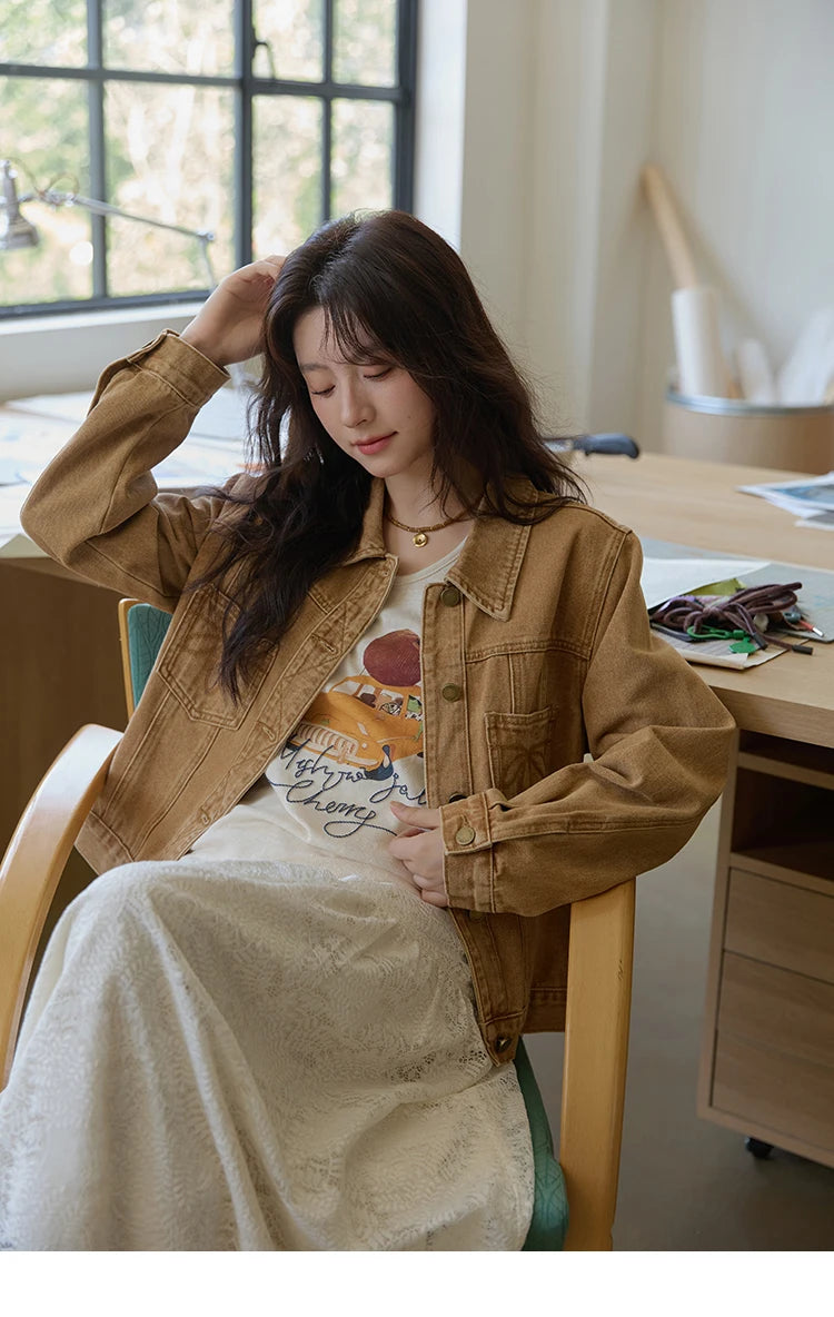 MISHOW Light Brown Vintage Denim Jacket for Women 2025 Autumn Embroidered Pockets Dropped Sleeve Retro Loose Jacket MXE41W0795