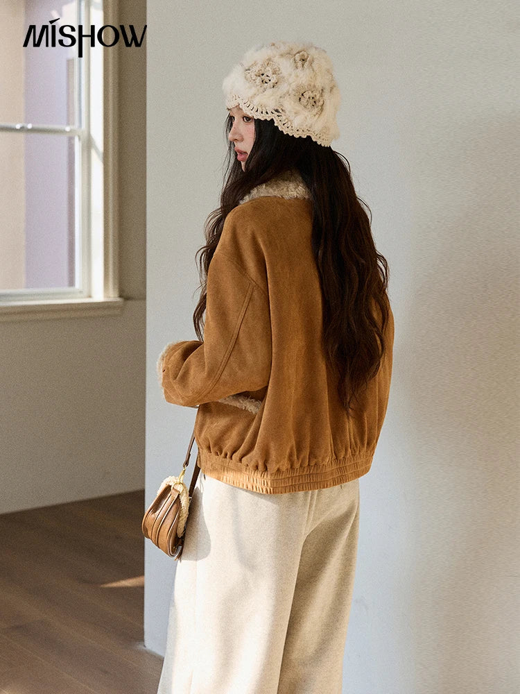 MISHOW Woman Short Jacket 2025 Winter Retro Brown Suede Patchwork Fur Coat Loose Faux Lambswool Turn Down Collar Coat MXE89W0895