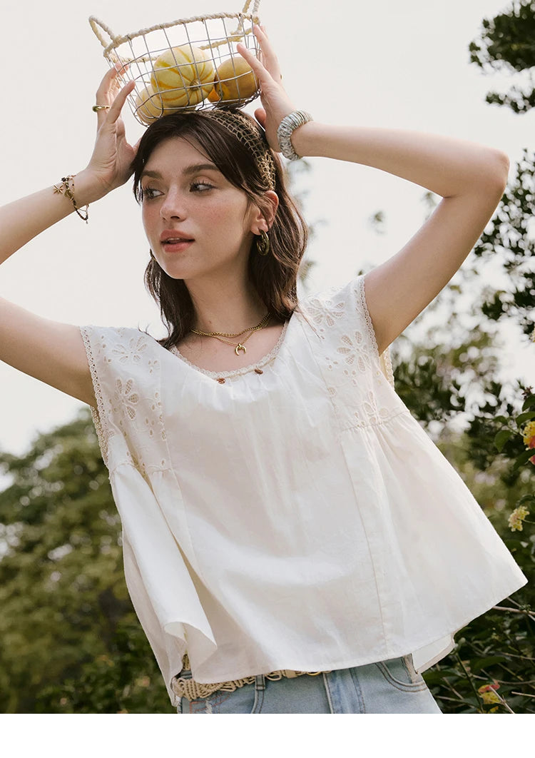 MISHOW French Summer Elegant Blouses Women 2025 Solid Short Flying Sleeve Round Neck Hollow Lace Shirts Woman Fashion MXE33X1778