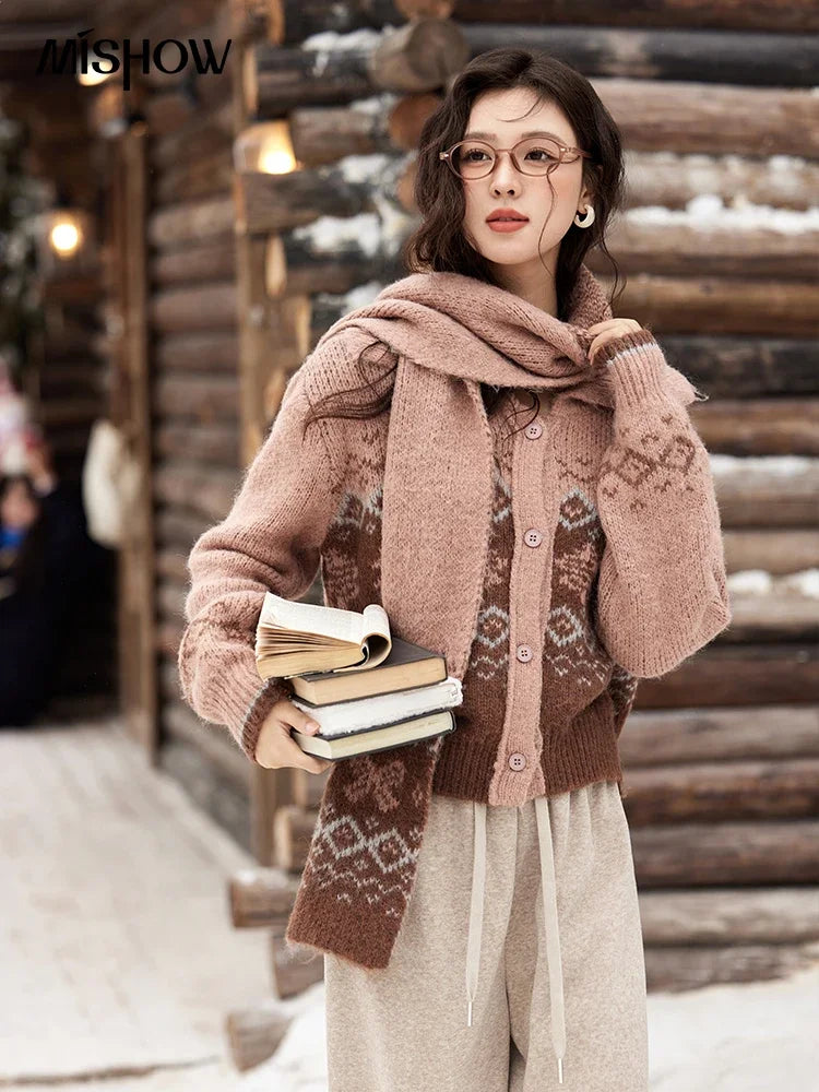 MISHOW Fair Isle Knitting Sweater Christmas Retro Cardigan Women Temperament Turn Down Collar Soft Warm Knitted Coat MXD58Z1036