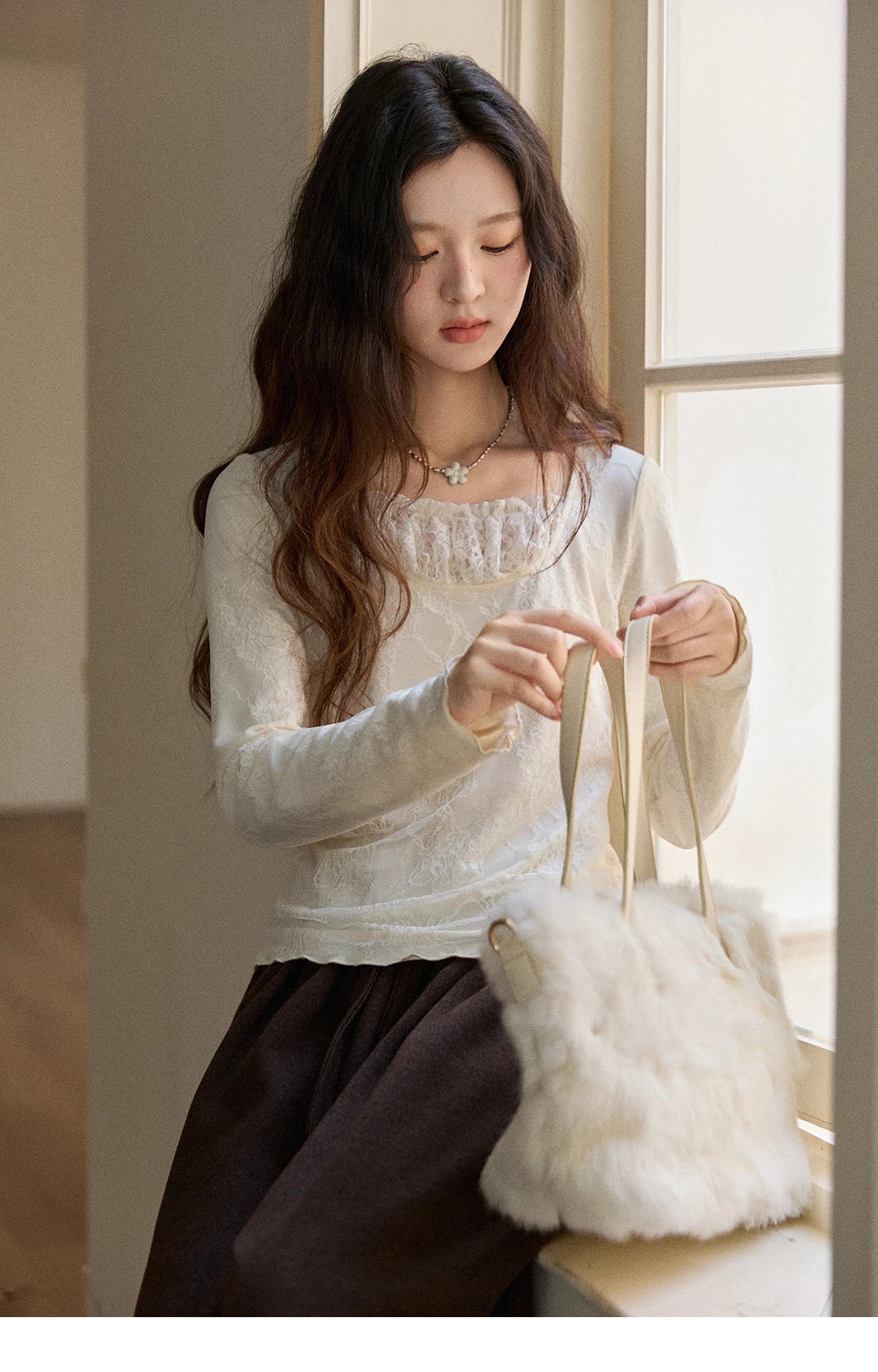 MISHOW Women Long Sleeve Tees 2025 Autumn Winter Elegant Beige Lace Patchwork Top Women Large U-neck Slim Fit Top MXE91X2514