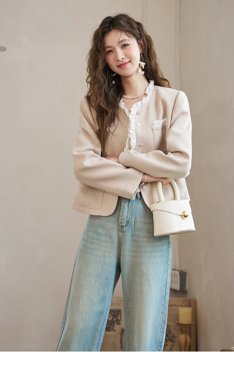 MISHOW French Fragrant Coat Solid Skirt Separately 2025 Spring Collar Pocket Splicing Lace Top Hem Split Back Skirt MXD12W0274