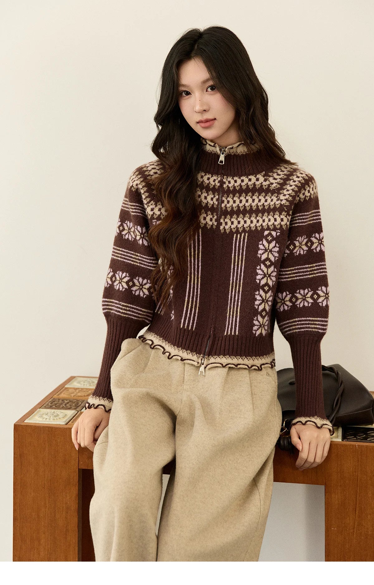 MISHOW Women's Brown Knitted Fair Isle Sweater Vintage Jacquard Lantern Sleeves Zipper Top Ruffled Trim Warm Sweaters MXE91Z2868