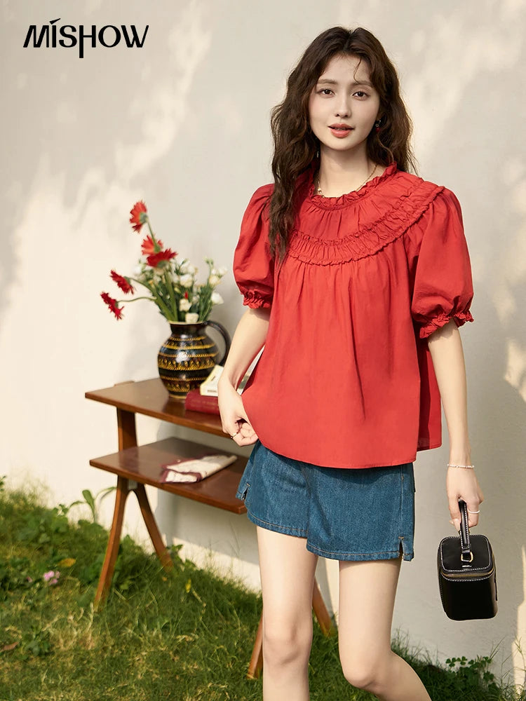 MISHOW French Cotton Bubble Sleeve Blouse Lace Collar MXD23X1500