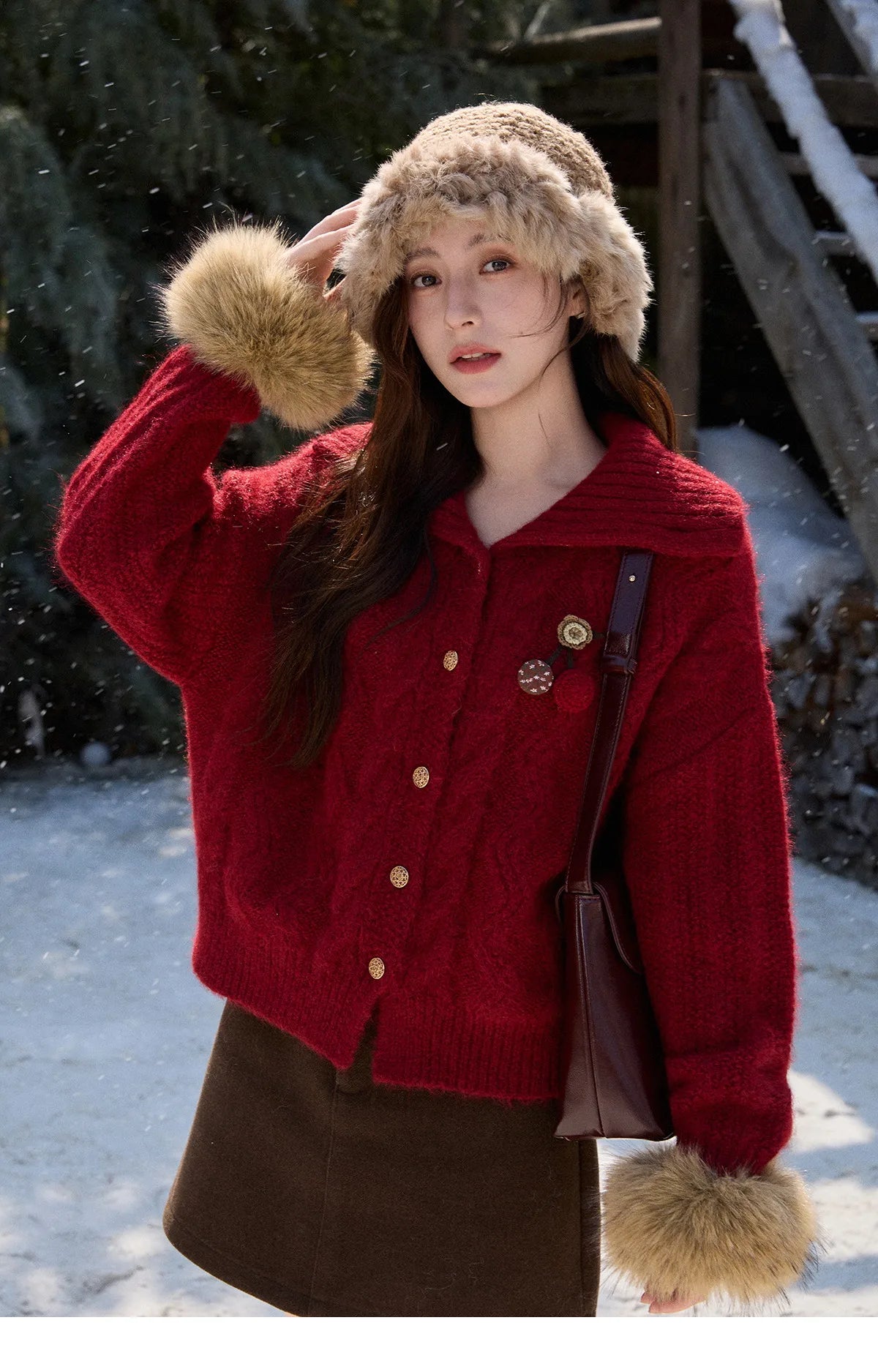 MISHOW Women's Red Knitted Cardigan Autumn Winter Cable Knitted Stand Collar Single-breasted Warm Loose Outerwear MXE92Z2827