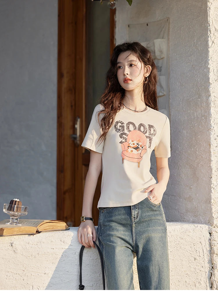 MISHOW Printed Cotton T-shirts for Women Spring 2025 Loose Slim Short Round Neck Tees Versatile Soft Casual Tops MXE13T0461