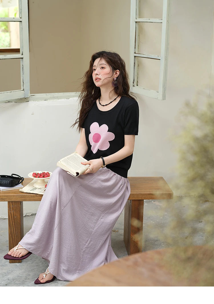 MISHOW Contrast Color Flower Knitted T-shirts for women 2025 Summer New Round Neck Top Women's Clothing Commute Tee MXE39Z1311