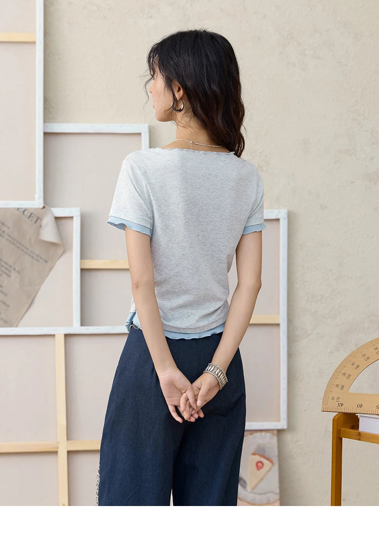 MISHOW Grey Blue Fake Two Piece Contrasting T-shirt for Women Summer 2025 Lapel Wavy Edge Slim Tees Cotton Blend Top MXE35T0567