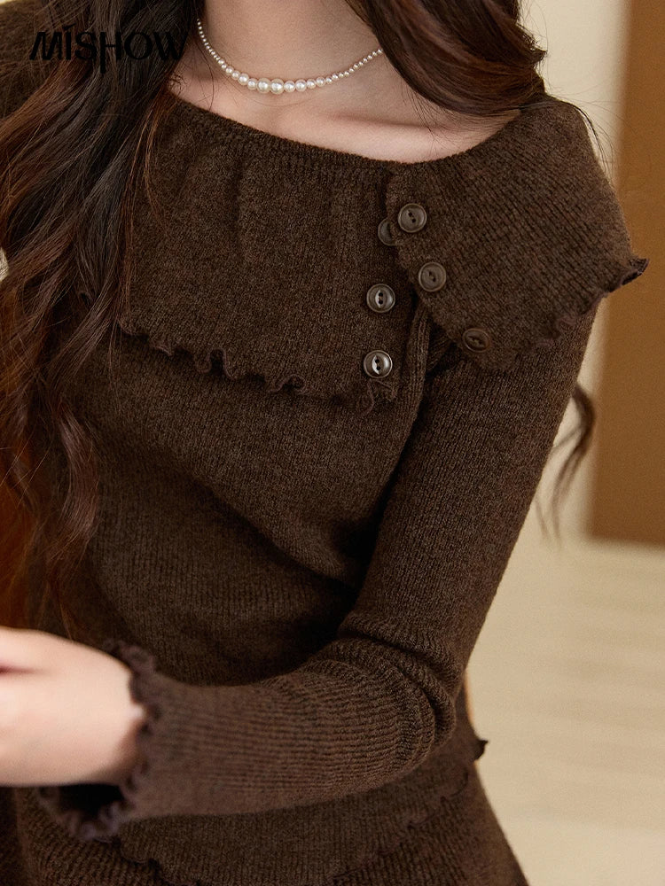 MISHOW Women's Retro Knitted Two-Piece Set 2025 Winter Coffee Ruffle Boat Neck Top A-Line Elastic Waist Skirt Outfit MXE93T1455