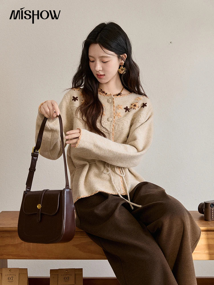 MISHOW Women's Apricot Hand-Embroidered Cardigan 2025 Winter Wool Blend Sweater Waist Tie Crochet Thick Warm Knitwear MXE87Z2702