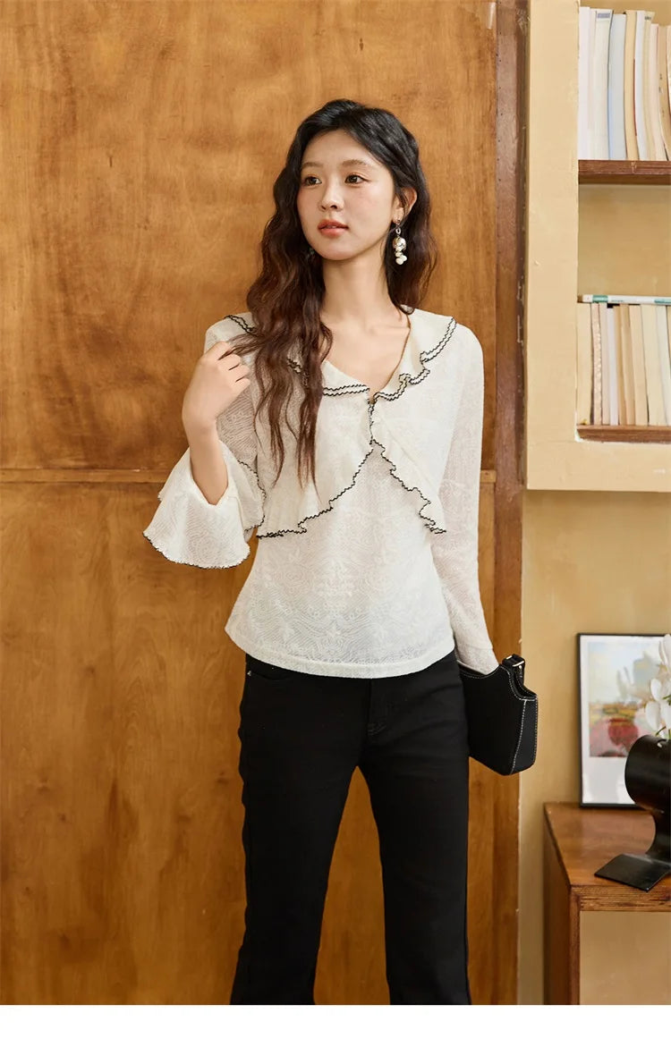 MISHOW Lace Blouse for Women Autumn 2025 V-neck Ruffle Edge Contrasting Embroidery Loose Top Flare Sleeve Blouses MXE45X2483