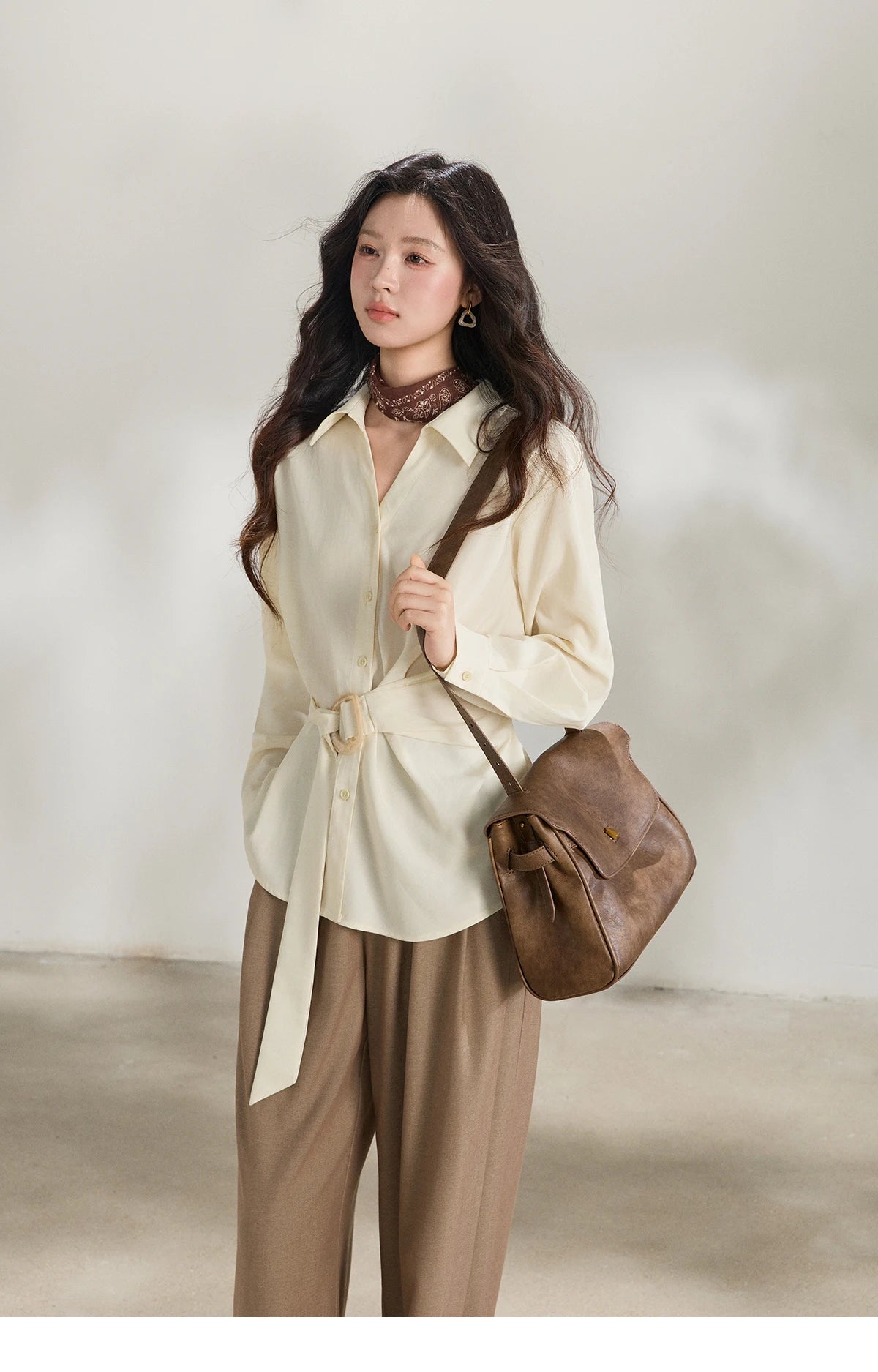 MISHOW Women's Lapel Collar Long Sleeve Shirt 2026 Spring with Belted Waist Casual Loose Soft Beige Shirt Office Lady MXF13C2452