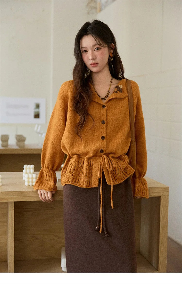 MISHOW Orange Cardigan Women 2025 Winter Retro Openwork Crochet Pattern Knit Top Loose Warm Flared Sleeves Sweater MXE87Z2685