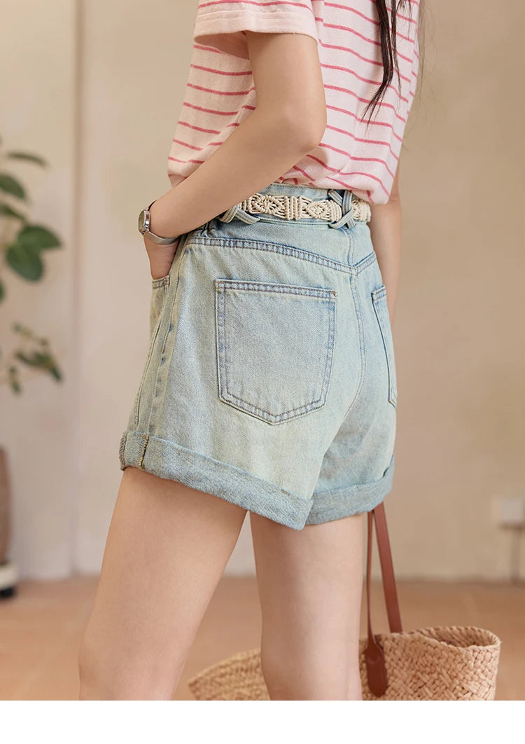 MISHOW Retro Light Blue Denim Shorts for Women Summer 2025 Fashion High Waist Washed Button Zipper Wide Leg Shorts MXE35K0944