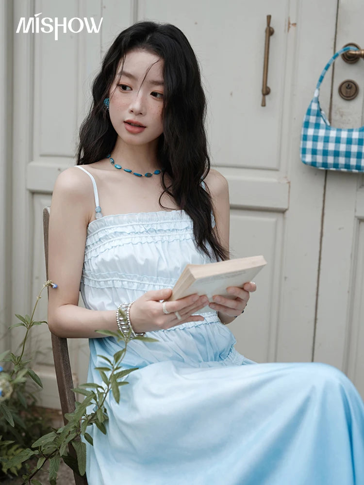 MISHOW Female Fashion Gradient Strap Dress 2025 Summer Sleeveless Black Fungal Edge Sashes Women's Vacation Dresses MXE34L2242