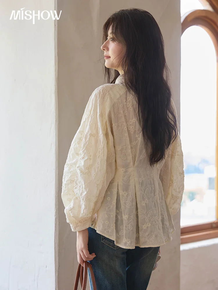 MISHOW Women's Lantern Sleeve Blouse 2025 Autumn French Lace Hollow Out Lapel Collar Shirts Waist Hem Ruffle Tops MXE42C2372